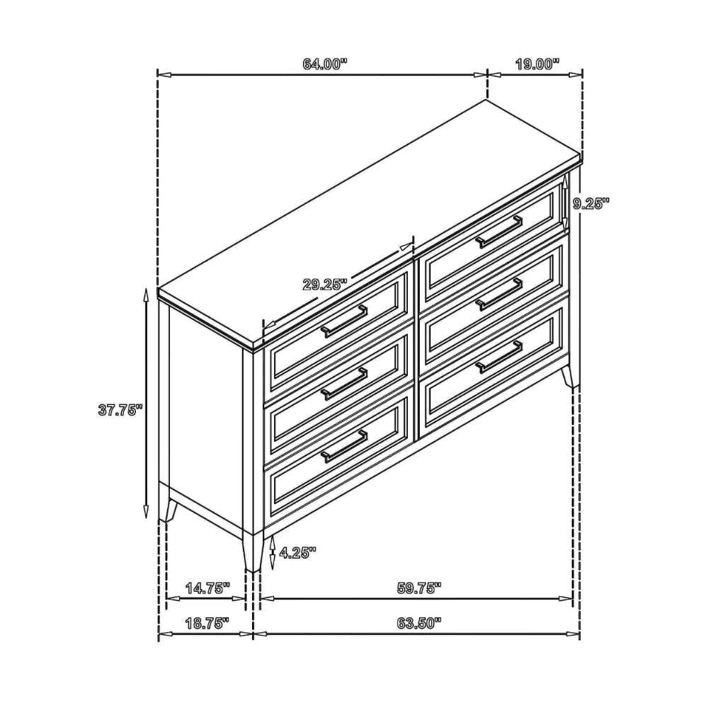 Leva Wide Dresser Classic Distressed White Acacia Wood 6 Drawers BM328655