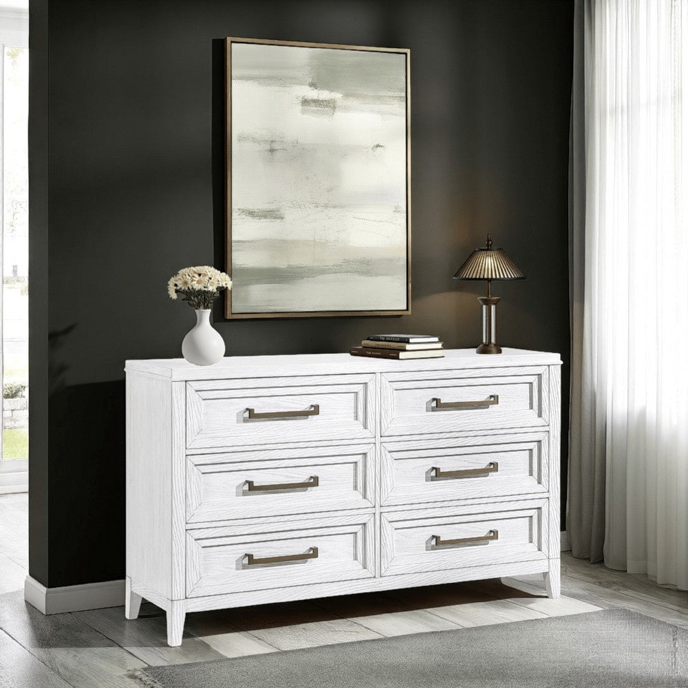Leva Wide Dresser, Classic Distressed White Acacia Wood, 6 Drawers