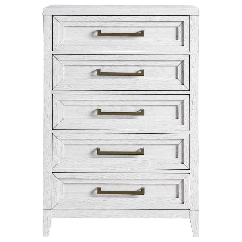 Leva Tall Dresser Chest Distressed White Acacia Wood 5 Drawers BM328656