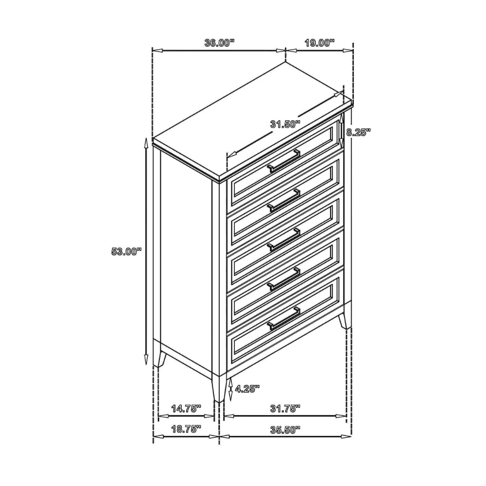 Leva Tall Dresser Chest Distressed White Acacia Wood 5 Drawers BM328656