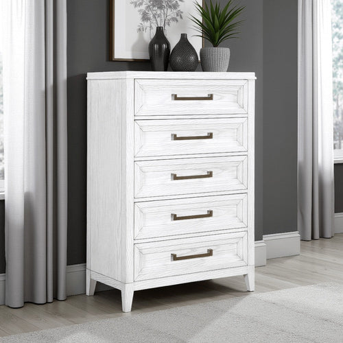 Leva Tall Dresser Chest, Distressed White Acacia Wood, 5 Drawers