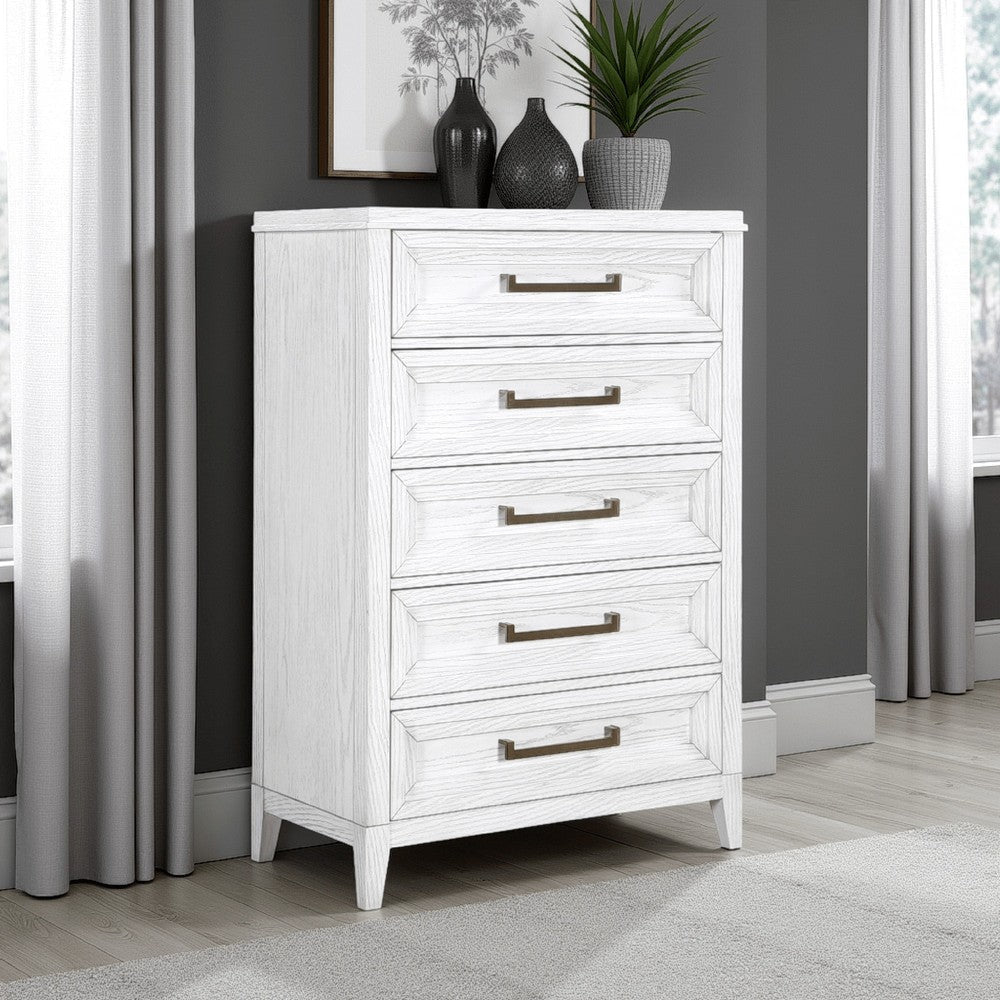 Leva Tall Dresser Chest, Distressed White Acacia Wood, 5 Drawers
