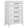 Leva Tall Dresser Chest, Distressed White Acacia Wood, 5 Drawers