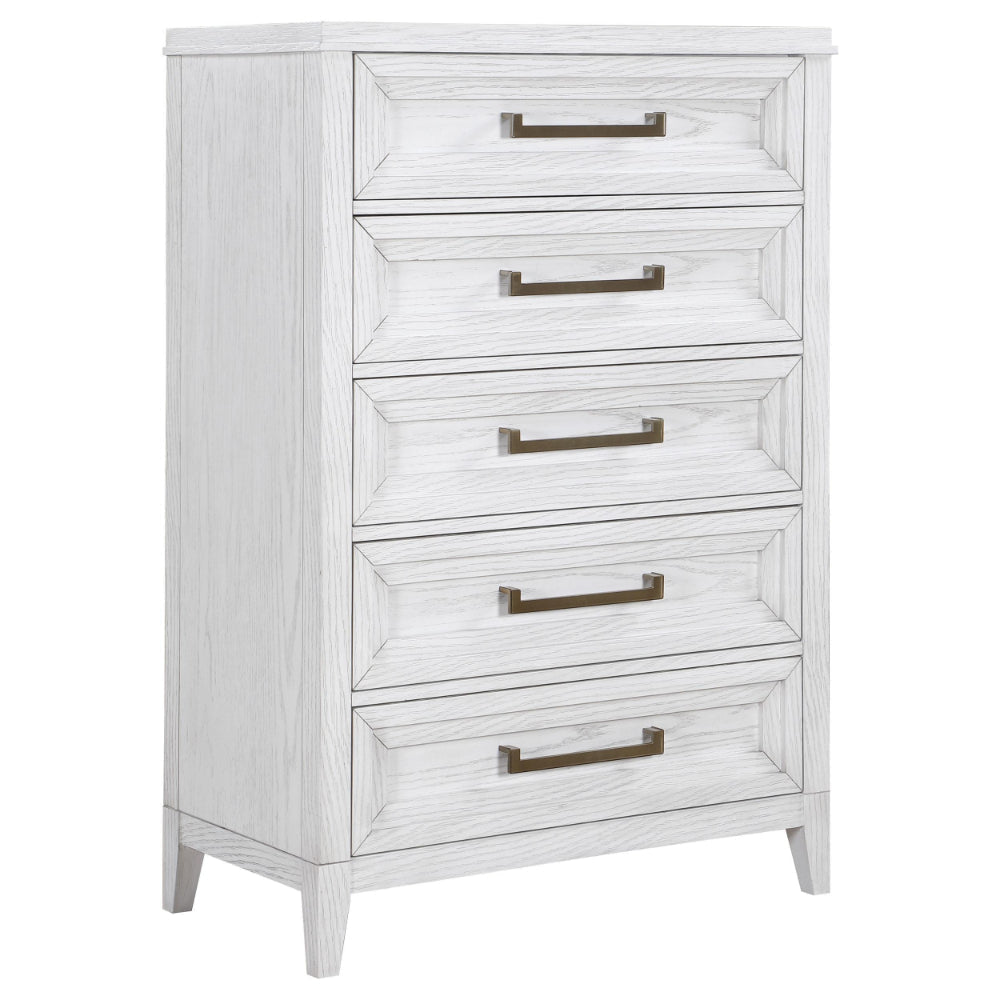 Leva Tall Dresser Chest, Distressed White Acacia Wood, 5 Drawers