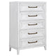 Leva Tall Dresser Chest, Distressed White Acacia Wood, 5 Drawers