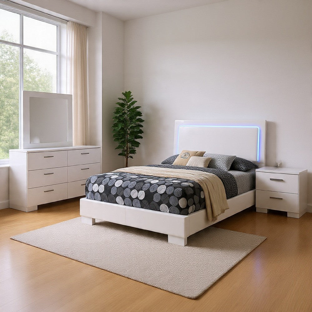 Sok 4pc Full Size Bedroom Set, Modern White, LED Upholstered Headboard
