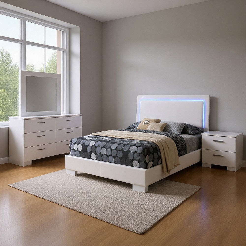Sok 4pc Full Size Bedroom Set, Modern White, LED Upholstered Headboard