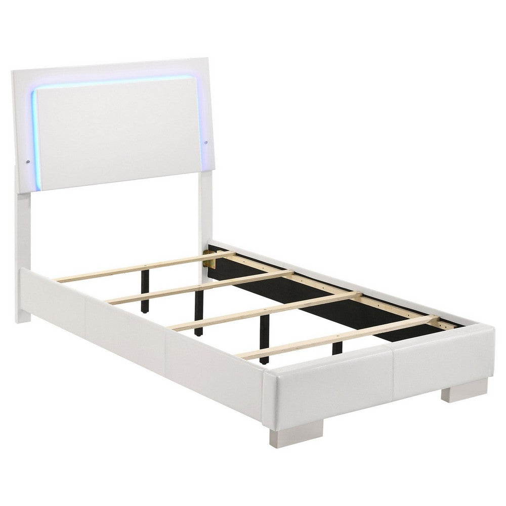 Sok 4pc Twin Size Bedroom Set, Modern White, LED Upholstered Headboard