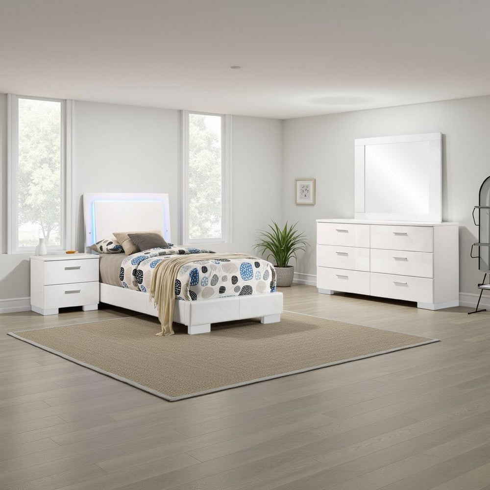 Sok 4pc Twin Size Bedroom Set, Modern White, LED Upholstered Headboard