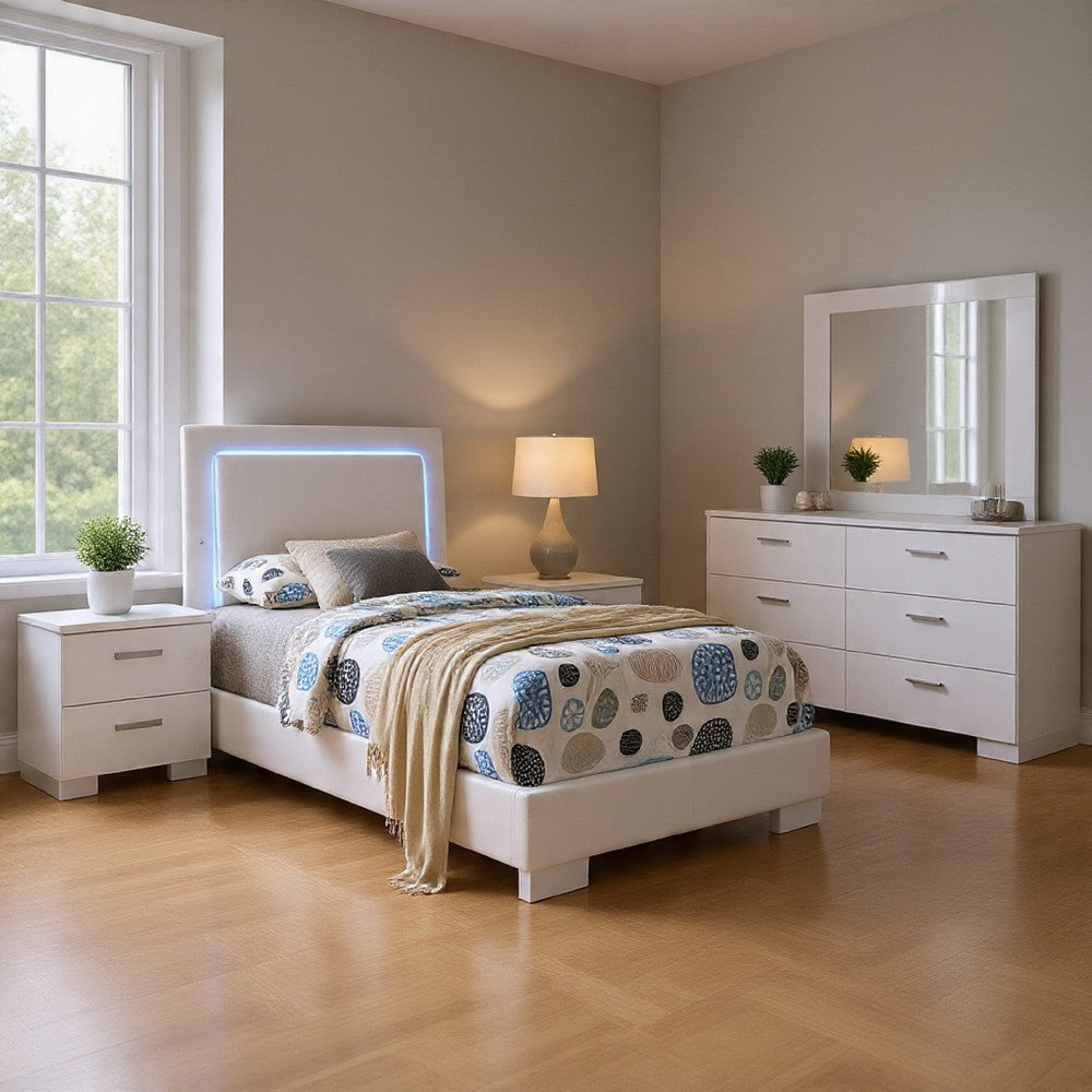 Sok 4pc Twin Size Bedroom Set, Modern White, LED Upholstered Headboard