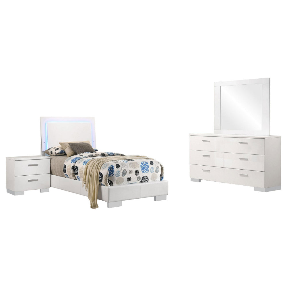 Sok 4pc Twin Size Bedroom Set, Modern White, LED Upholstered Headboard