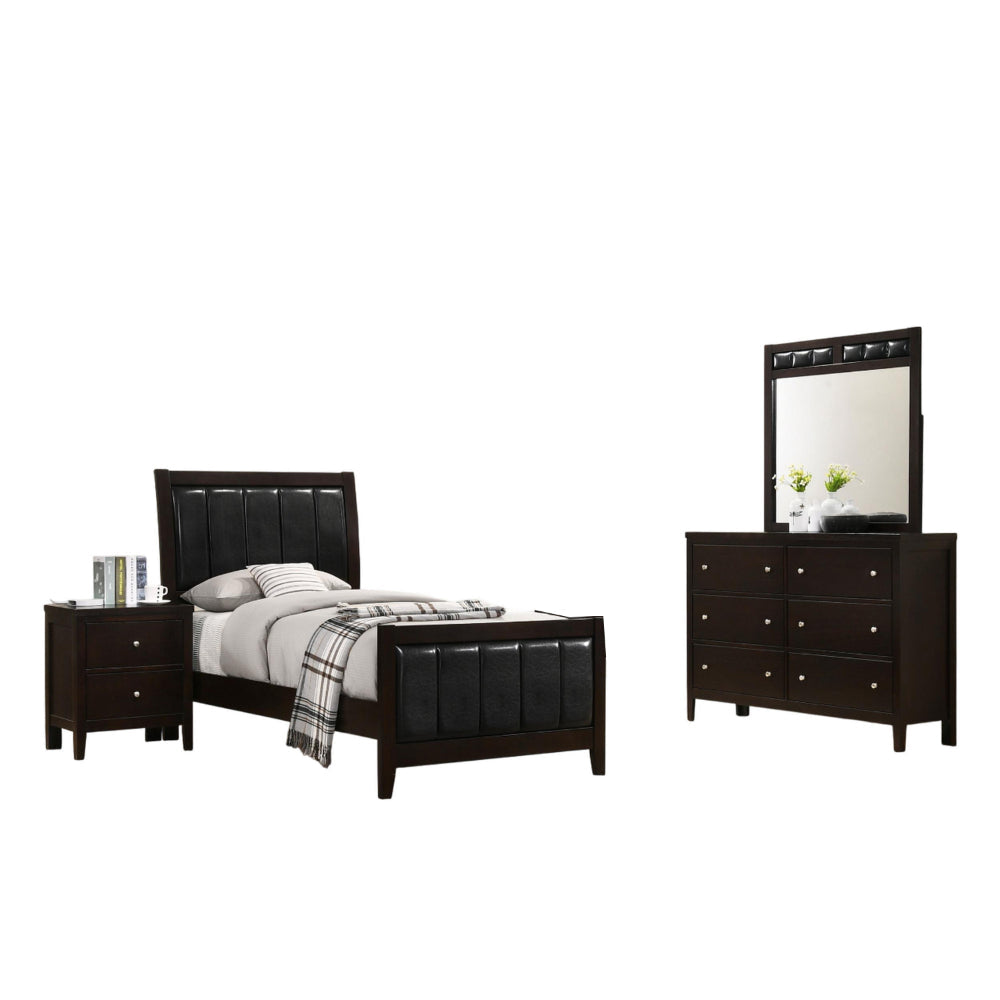 Vida 4pc Twin Size Bedroom Set, Brown Faux Leather Upholstery, Dresser