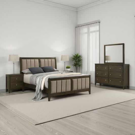 Wily 4pc Full Size Bedroom Set, Dresser Mirror, Dark Brown Upholstery