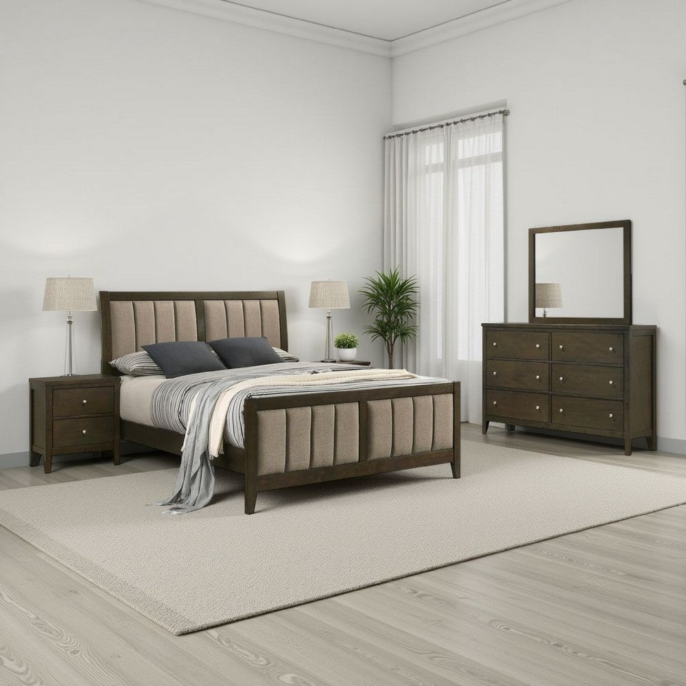 Wily 4pc Full Size Bedroom Set, Dresser Mirror, Dark Brown Upholstery