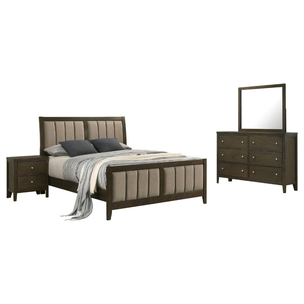 Wily 4pc Full Size Bedroom Set, Dresser Mirror, Dark Brown Upholstery