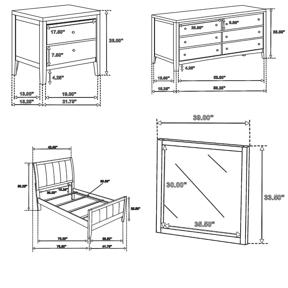 Wily 4pc Twin Size Bedroom Set Dresser Mirror Dark Brown Upholstery