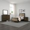 Wily 4pc Twin Size Bedroom Set, Dresser Mirror, Dark Brown Upholstery