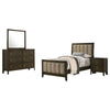 Wily 4pc Twin Size Bedroom Set, Dresser Mirror, Dark Brown Upholstery