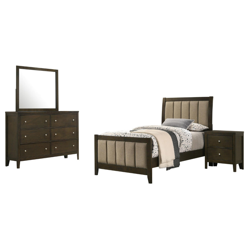 Wily 4pc Twin Size Bedroom Set, Dresser Mirror, Dark Brown Upholstery