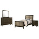 Wily 4pc Twin Size Bedroom Set, Dresser Mirror, Dark Brown Upholstery