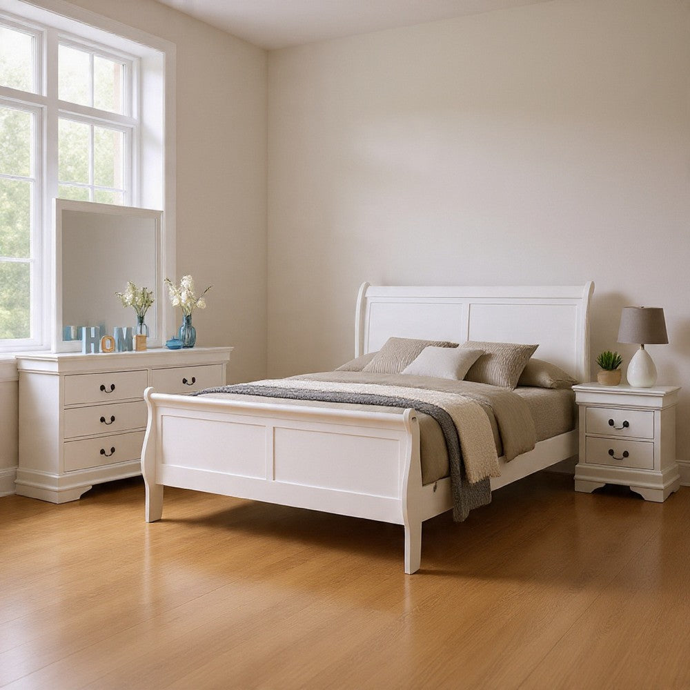 Nim 4pc Full Size Bedroom Set, Dresser, Modern White Sleigh Headboard