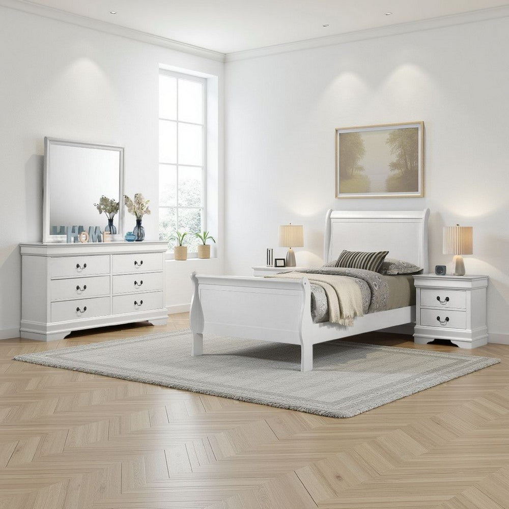 Nim 4pc Twin Size Bedroom Set, Dresser, Modern White Sleigh Headboard