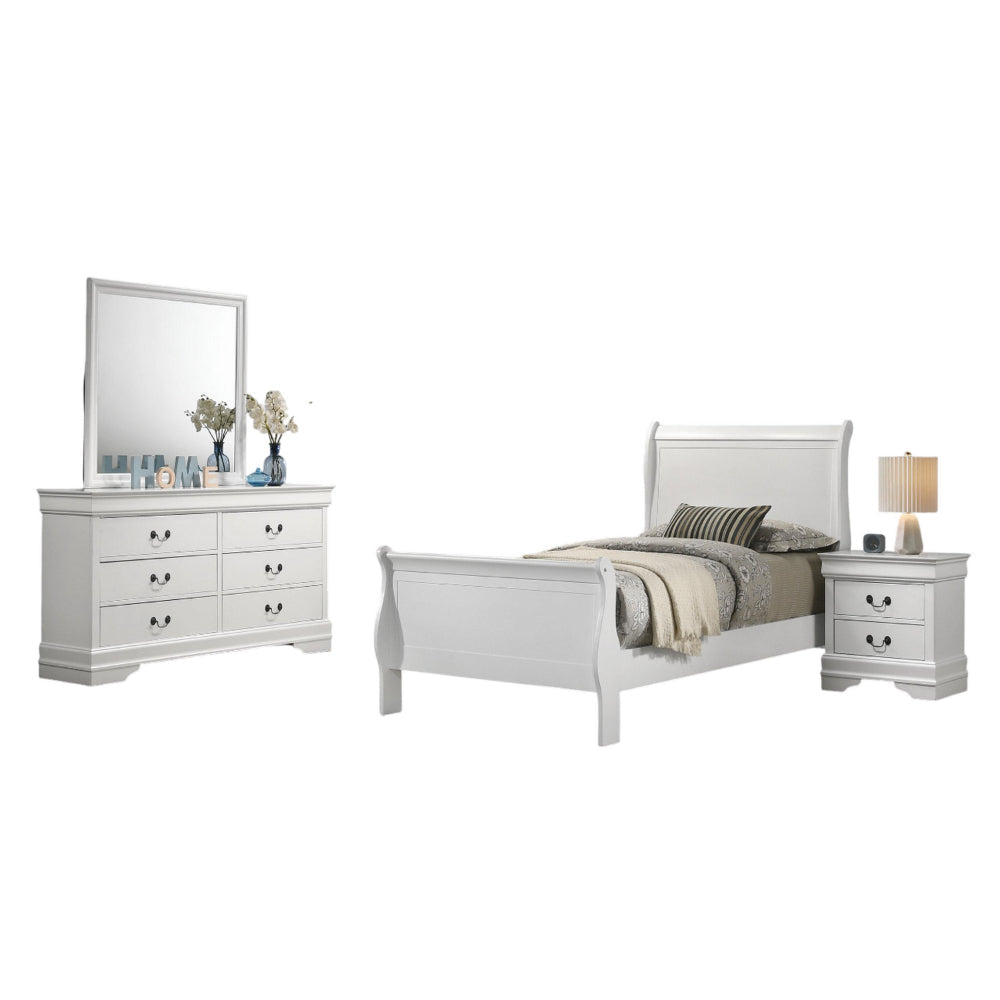 Nim 4pc Twin Size Bedroom Set, Dresser, Modern White Sleigh Headboard