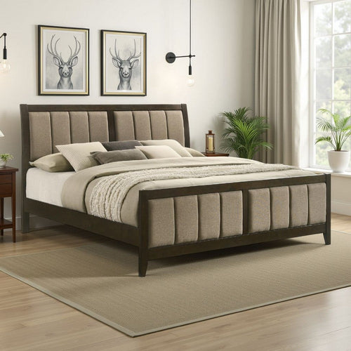 Wily King Size Bed, Channel Tufted Upholstered Headboard, Dark Brown