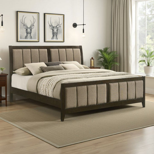 Wily King Size Bed, Channel Tufted Upholstered Headboard, Dark Brown