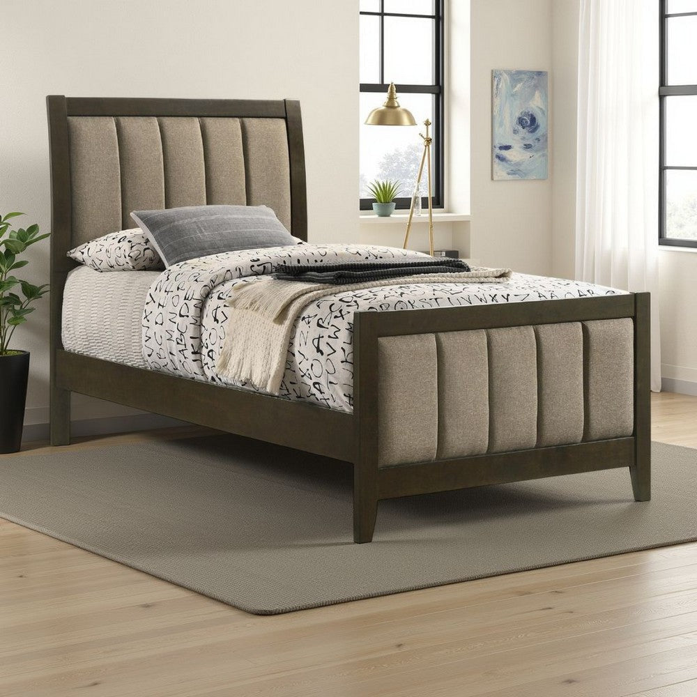 Wily Twin Size Bed, Channel Tufted Upholstered Headboard, Dark Brown