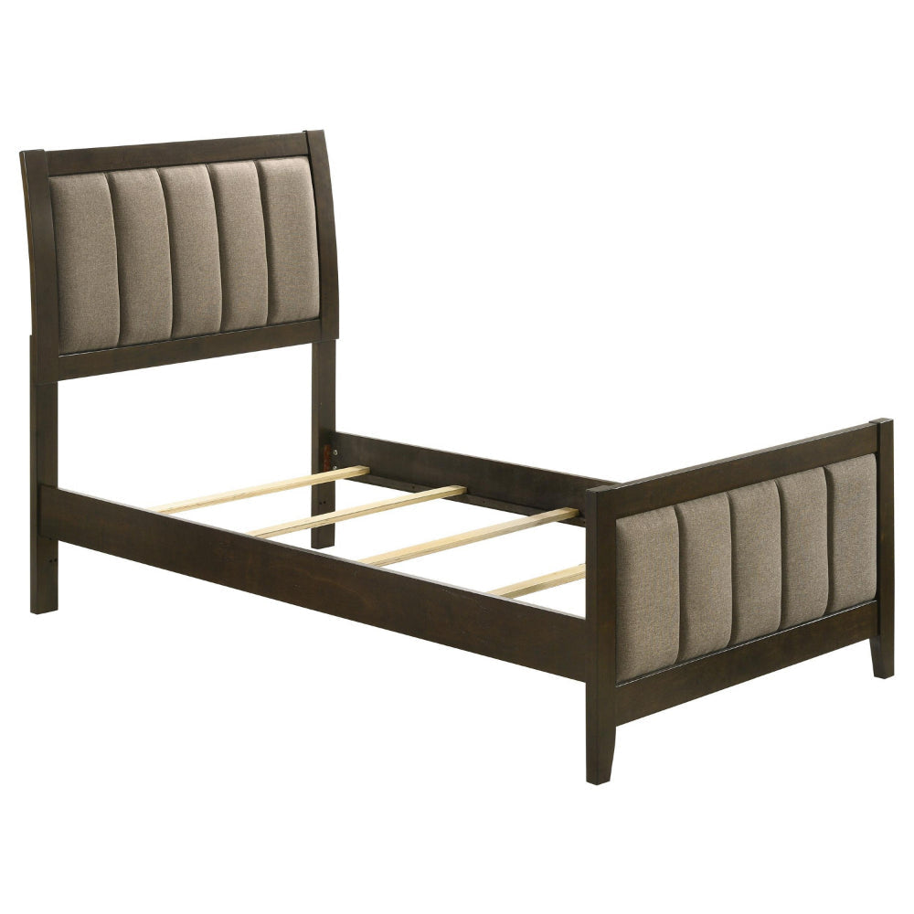 Wily Twin Size Bed, Channel Tufted Upholstered Headboard, Dark Brown
