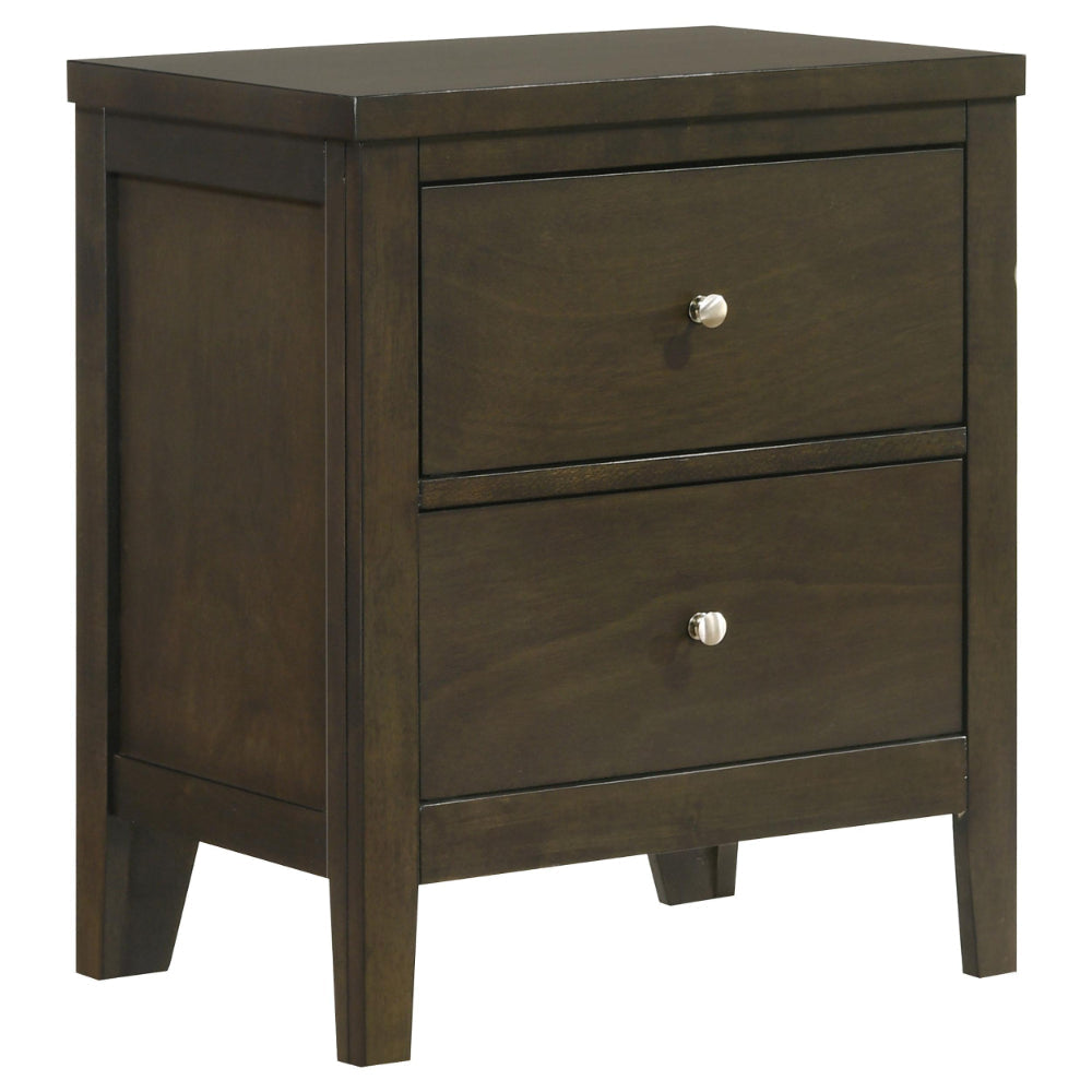 Wily Nightstand, Dark Brown Wood, 2 Drawers with Round Nickel Knobs