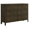 Wily Wide Dresser, Dark Brown Wood, 6 Drawers with Round Nickel Knobs