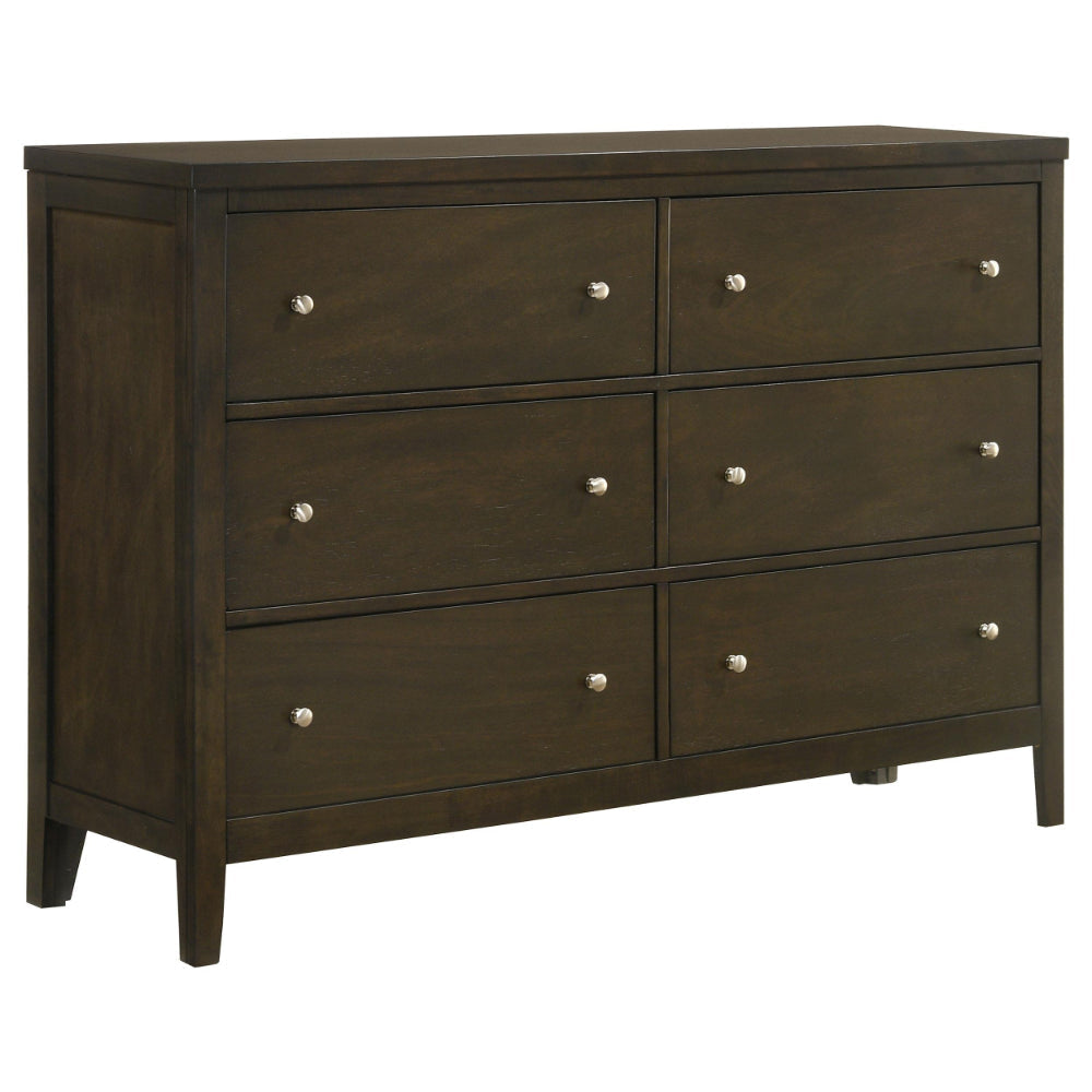 Wily Wide Dresser, Dark Brown Wood, 6 Drawers with Round Nickel Knobs
