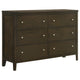 Wily Wide Dresser, Dark Brown Wood, 6 Drawers with Round Nickel Knobs