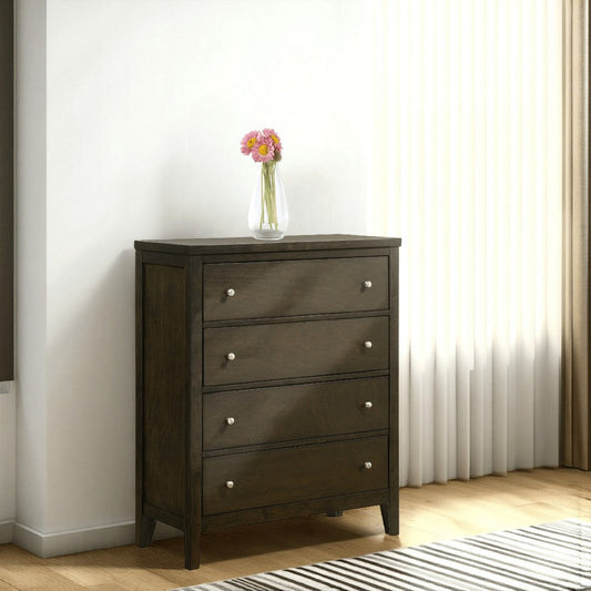 Wily Tall Dresser Chest, Dark Brown Wood, 4 Drawer, Round Nickel Knobs