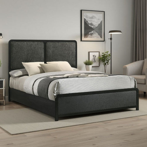 Cavy Queen Size Bed, Channel Tufted Upholstered Headboard, Black Gray