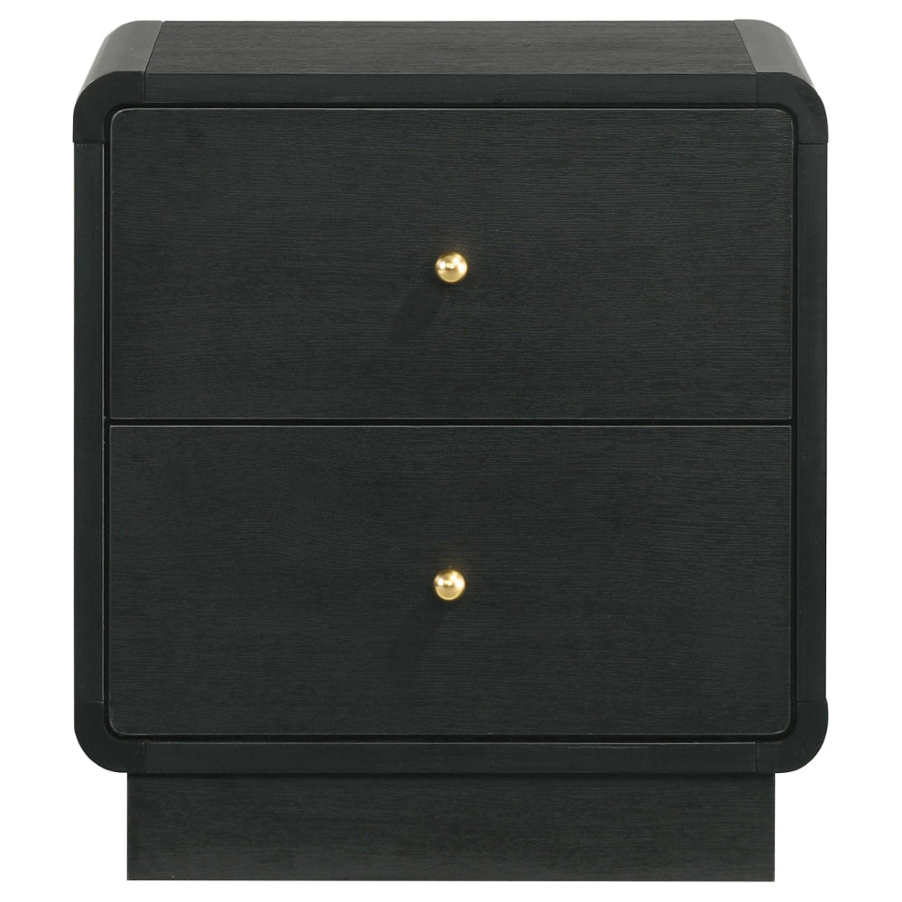Cavy Nightstand 2 Storage Drawers Black Wood Round Gold Knobs BM328678