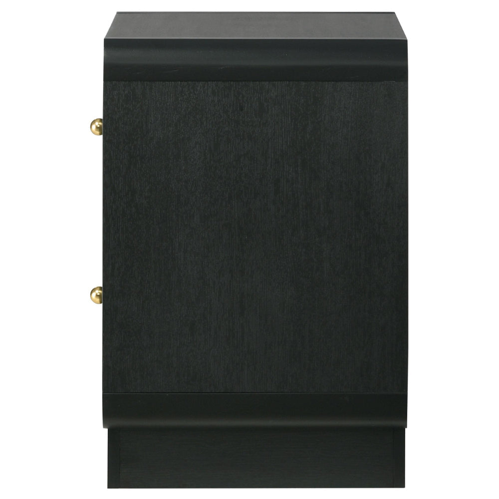 Cavy Nightstand 2 Storage Drawers Black Wood Round Gold Knobs BM328678