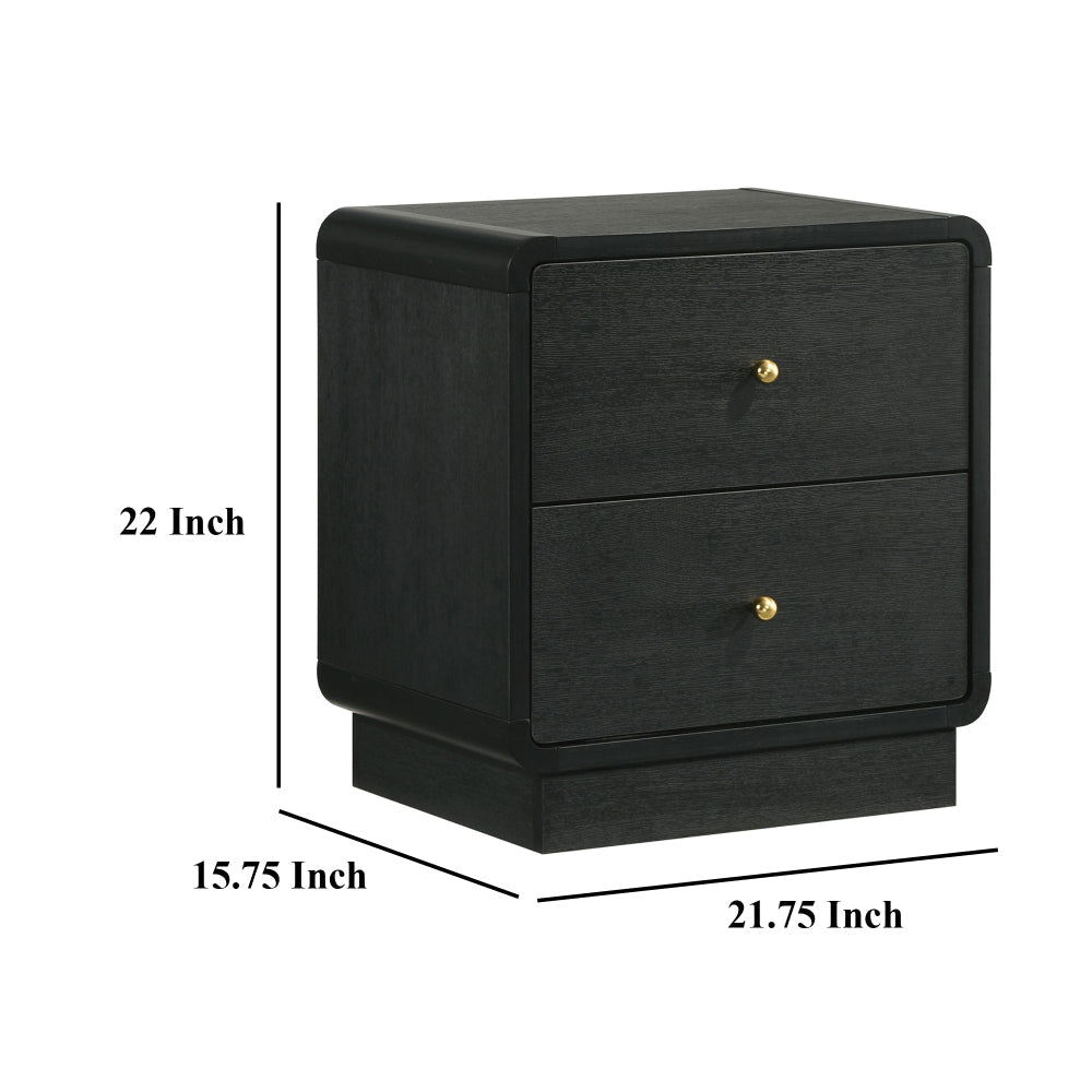 Cavy Nightstand 2 Storage Drawers Black Wood Round Gold Knobs BM328678