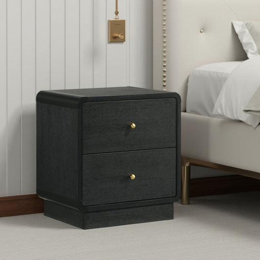 Cavy Nightstand, 2 Storage Drawers, Black Wood, Round Gold Knobs