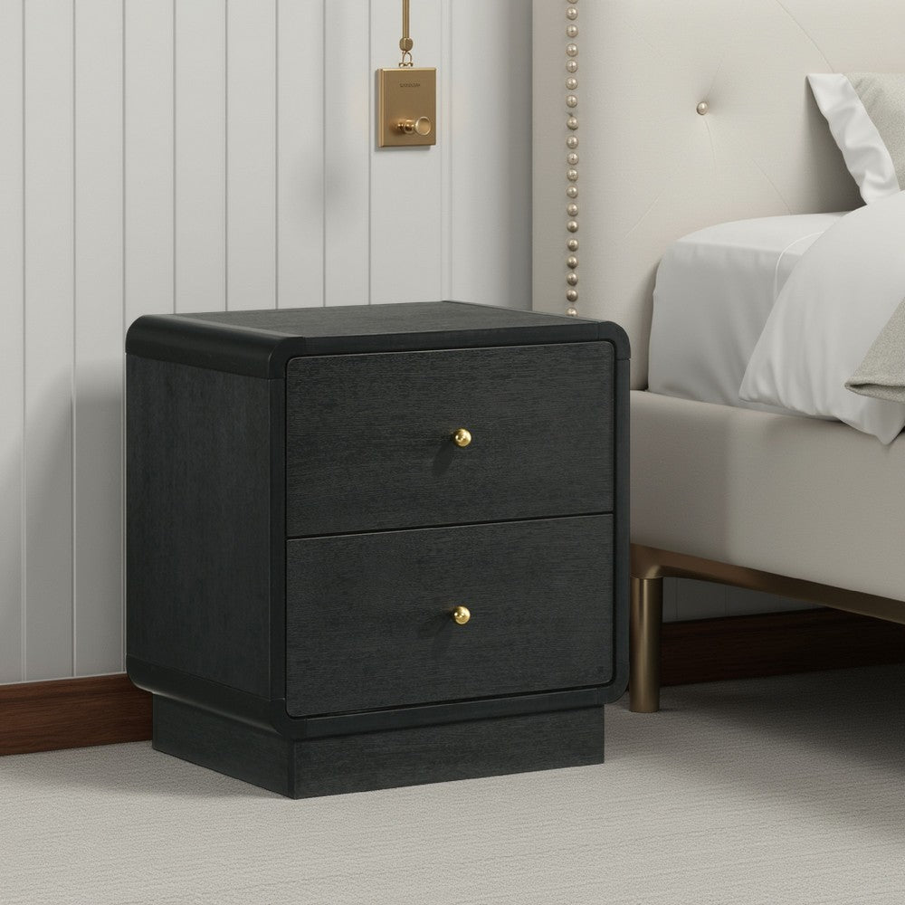 Cavy Nightstand, 2 Storage Drawers, Black Wood, Round Gold Knobs