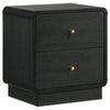 Cavy Nightstand, 2 Storage Drawers, Black Wood, Round Gold Knobs