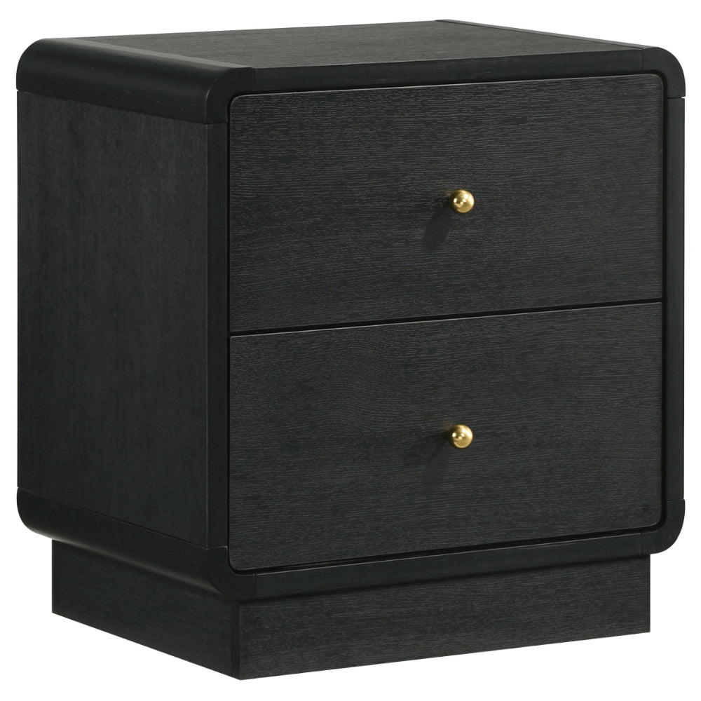 Cavy Nightstand, 2 Storage Drawers, Black Wood, Round Gold Knobs