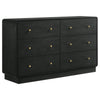 Cavy Wide Dresser, 6 Storage Drawers, Black Wood, Round Gold Knobs