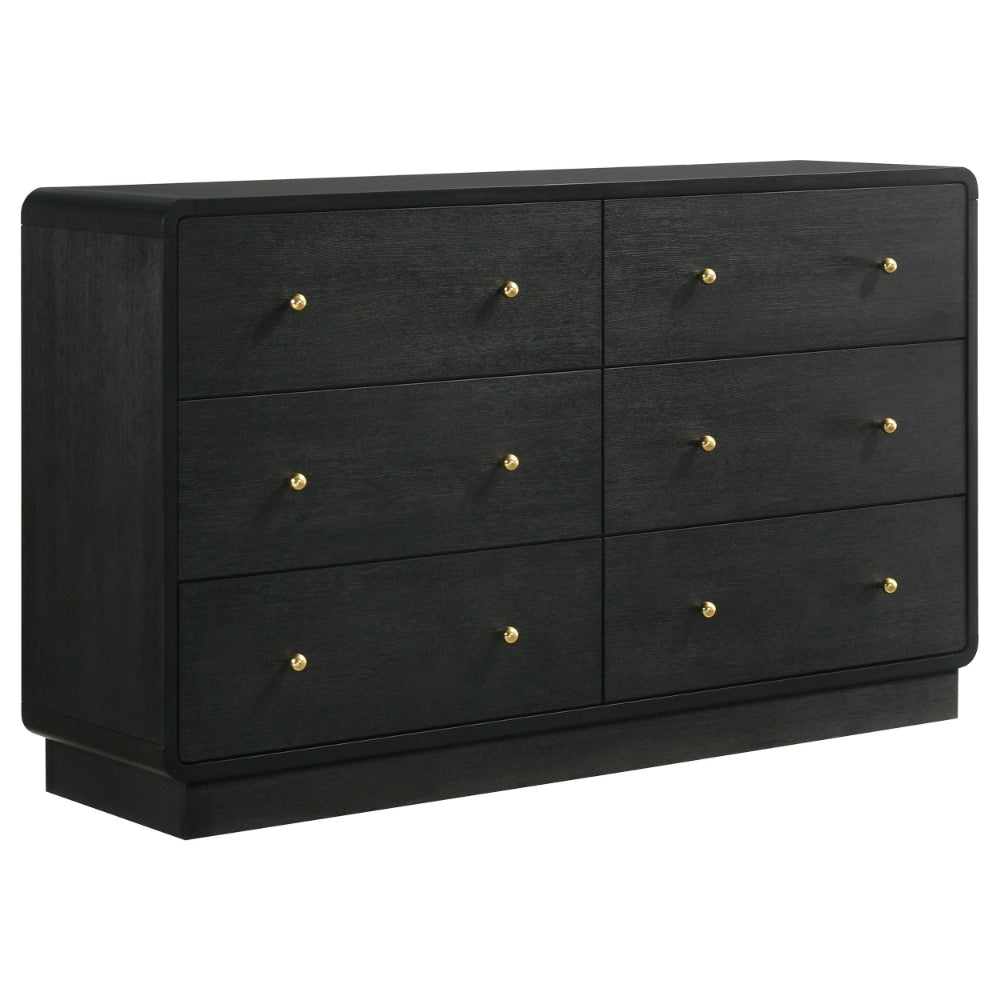 Cavy Wide Dresser, 6 Storage Drawers, Black Wood, Round Gold Knobs
