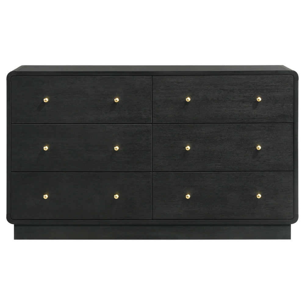 Cavy Wide Dresser 6 Storage Drawers Black Wood Round Gold Knobs BM328679