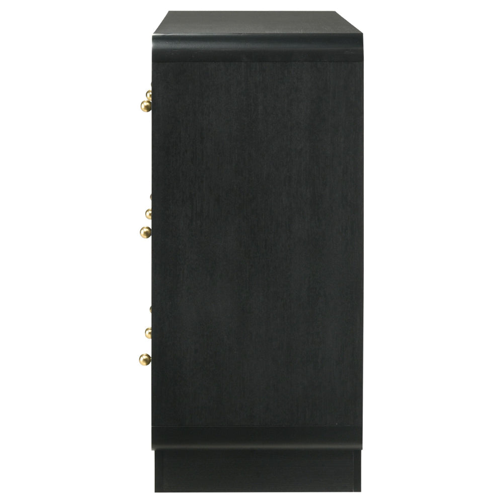 Cavy Wide Dresser 6 Storage Drawers Black Wood Round Gold Knobs BM328679