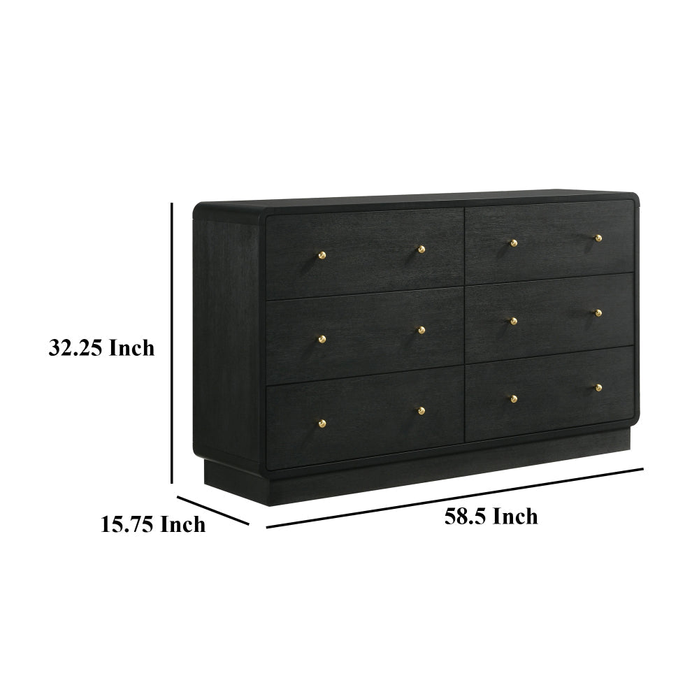 Cavy Wide Dresser 6 Storage Drawers Black Wood Round Gold Knobs BM328679