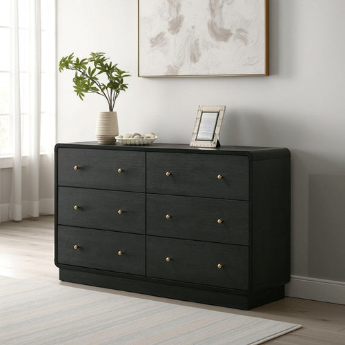 Cavy Wide Dresser, 6 Storage Drawers, Black Wood, Round Gold Knobs